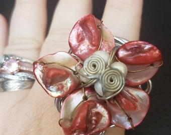 Vintage Rare Huge Red Dyed Mother of pearl Flower cluster and real pearls adjustable Ring