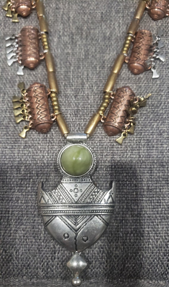 Vintage Tribal Ethnic design green stone brass and