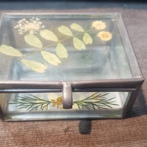 Vintage small Glass and pewter Jewelry Box with pressen real flowers