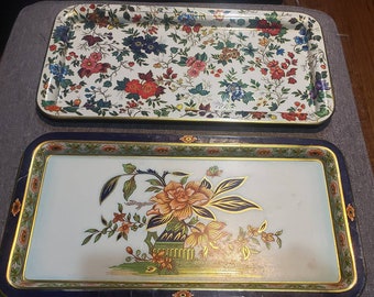 Vintage set of 2 Floral rectangular Tin Tray by Daher Long Island NY Made in England