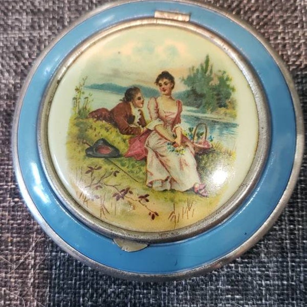 Victorian style courting couple Picture blue tin metal compact mirror