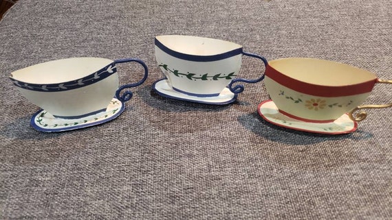 Vintage Set of 3 Tea Cup Napkin Rings Painted Metal Farm Etsy