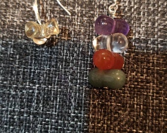 Repurposed single hook colorful glass stones earring with and small clear glass stone hook earring