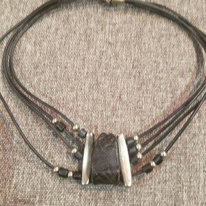 Vintage Black Faux Leather multi strands and silver color metal Necklace