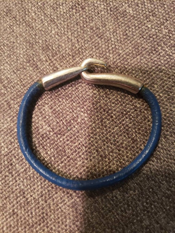 Vintage Blue Leather and silver tone metal Bracel… - image 1