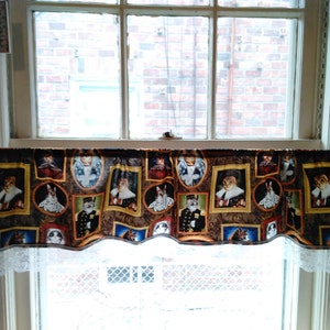 Handmade Alexander Henry Fabric &quot;Elizakitten Era&quot; Window Curtain with Vintage lace ribbon applique