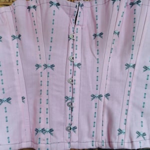 Handmade 1880&#39; Victorian Pattern- Pink tiny.skulls and bows- Cotton-Coutil plastic Boned