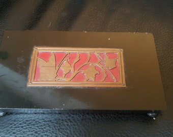 Antique Asian Art Deco Style Floral carved Large Metal Cigarette Holder Box Case