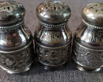 Antique Victorian style Gorham Silver Plated Salt or Pepper Shakers set of 3 with initials