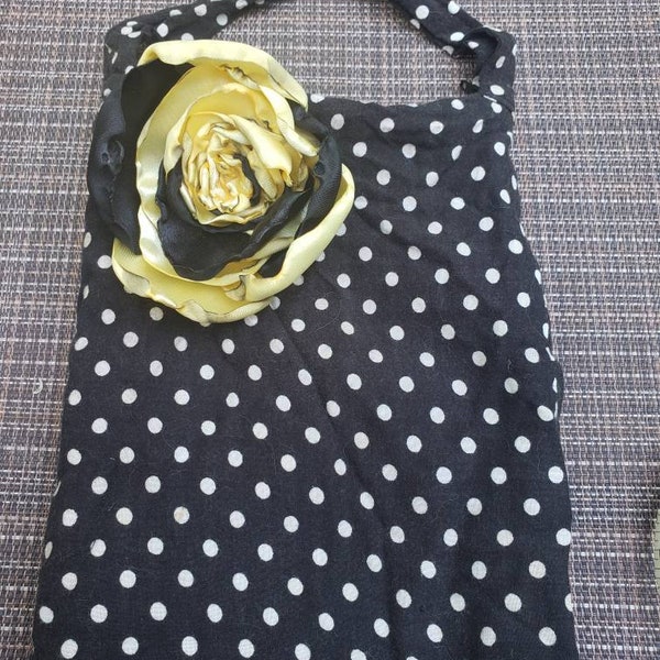 Vintage Handmade Small Black and white polka dots fabric and handbag with silk flower brooch applique