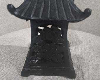 Vintage black cast iron hanging pagoda candle lantern 6" tall