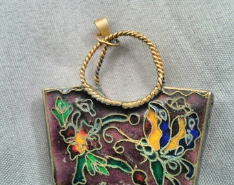 Vintage purple floral and butterfly Cloisonne and metal tiny purse pendant