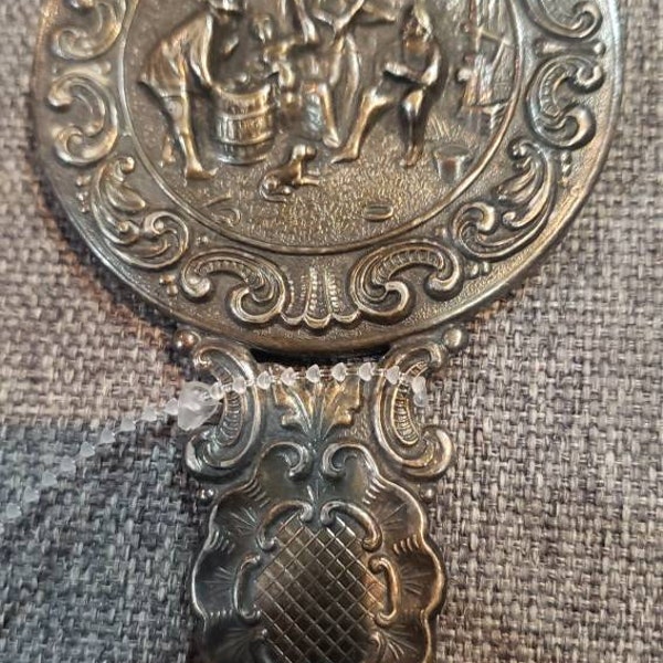 Vintage Denmark Silverplate Scenic Repousse Small Hand Mirror