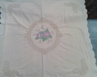 Victorian style Embroidered flower and Italian lace large beige cotton pillow cover