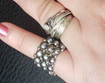 Vintage Beaded Black small cultured pearls Elastic Ring