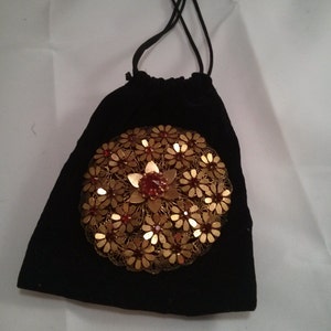 Vintage Collection - Mini Retro Black Velvet purse with huge metal flower disc pin
