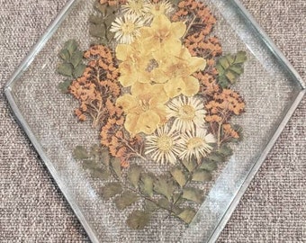 Victorian style reproduction Glass Dry Flowers and silver metal frame hanging picture
