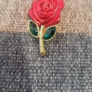 Vintage kitsch style red enamel and green crystals Rose bud pin