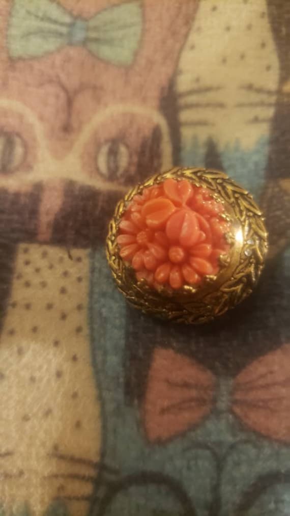 Antique faux coral 14 k plated floral small brooch
