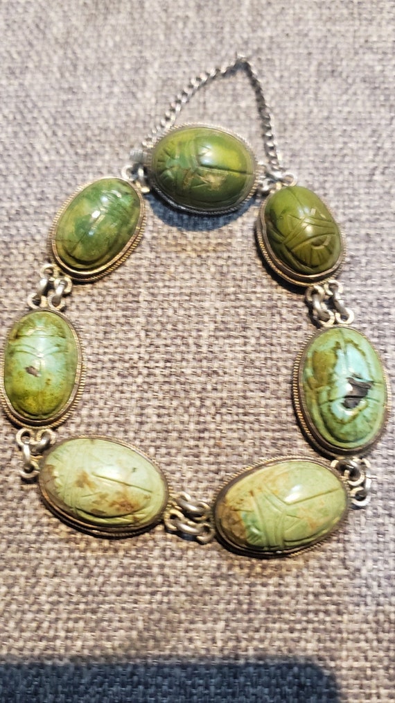 Antique green stones Scarabs silver  tone metal br