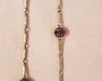 Vintage Victorian style glass garnet bead stones gold tone metal long Necklace