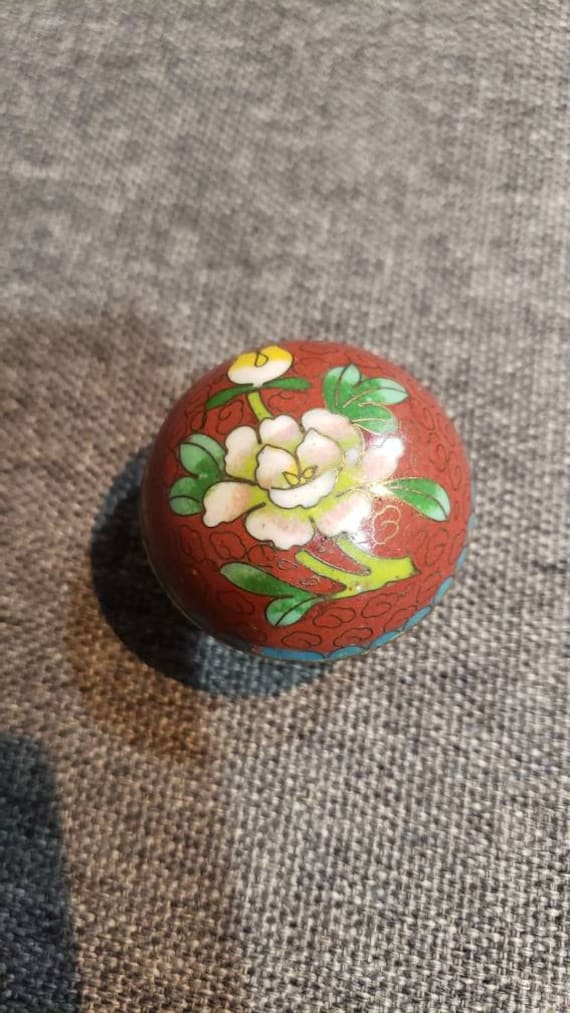 Antique tiny red Floral Cloisonne pill box