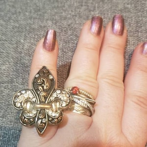 Vintage Medieval style Silver and brass color Metal Fleur de Lis adjustable elastic ring