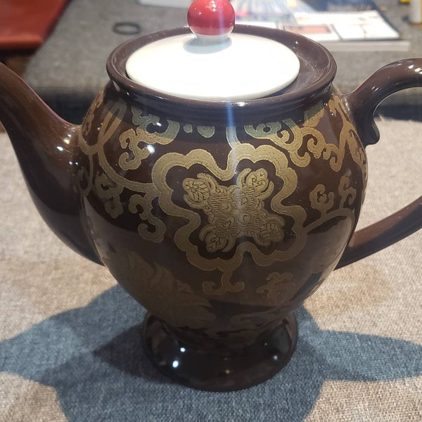 Vintage upcycled Chinoise brow and gold teapot by Pottery Barn with white and red lid