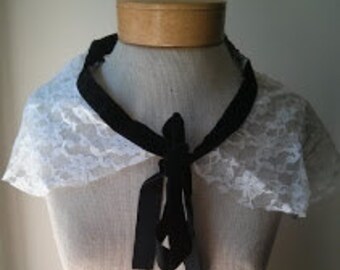 Handmade Victorian Style White Lace with black velvet ribbon small stole