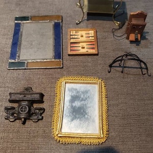 Vintage lot of doll house miniatures colorful window panel mirror wood wall phone pan rack gammon game and 2 others