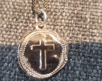 Vintage sterling silver chain and rose gold medallion cross pendant necklace