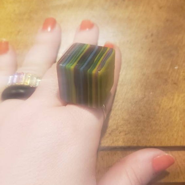 Vintage Resin Big heavy colurful stripped cube adjustable Ring