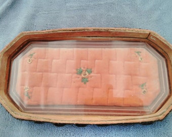 Antique Wood Fabric Lace and Plastic Quilted Floral Vanity Tray