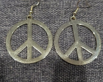 Vintage Peace and Love sign gold tone large drop earrings
