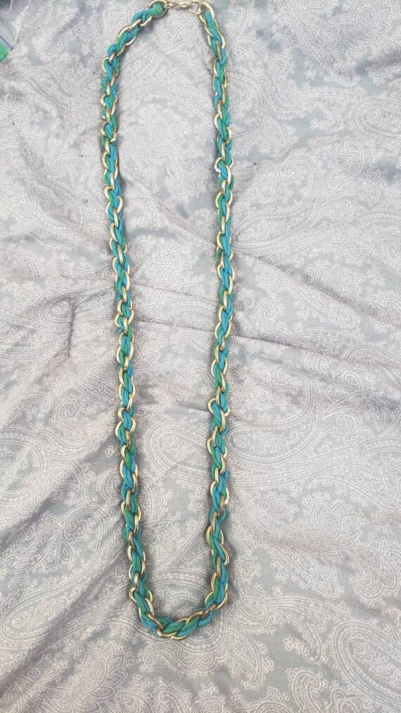 Vintage Gold Chain braided with green fabric neckl