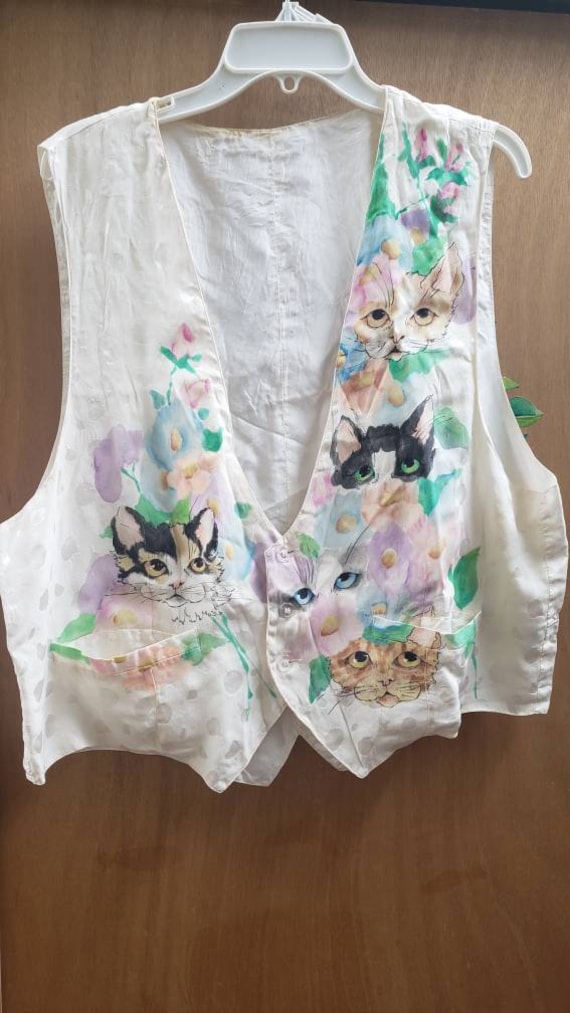 Vintage handpainted cats silk Vest - image 1