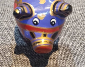 Vintage small ceramic handpainted pig Figurine red black purple and gold