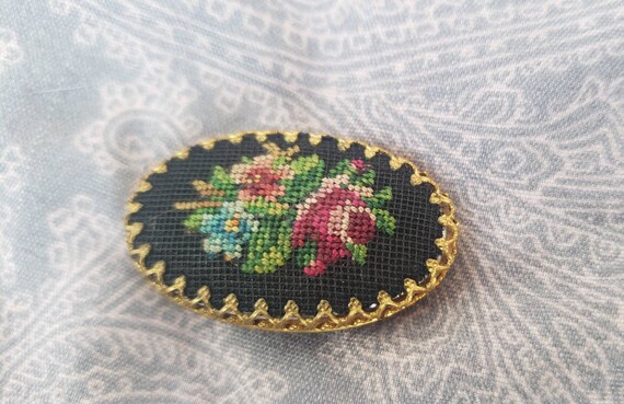Antique Victorian style Needlepoint floral cabochon brooch