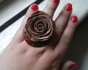 Handmade Fabric Flower and Wood Base Adjustable Ring