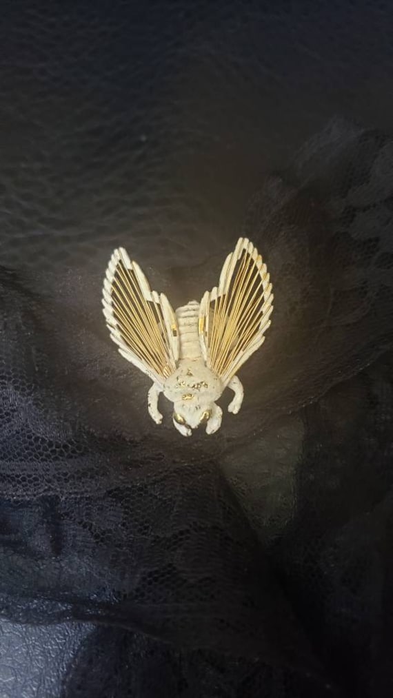 Vintage Gold and white Moth brooch by Monet with … - image 1