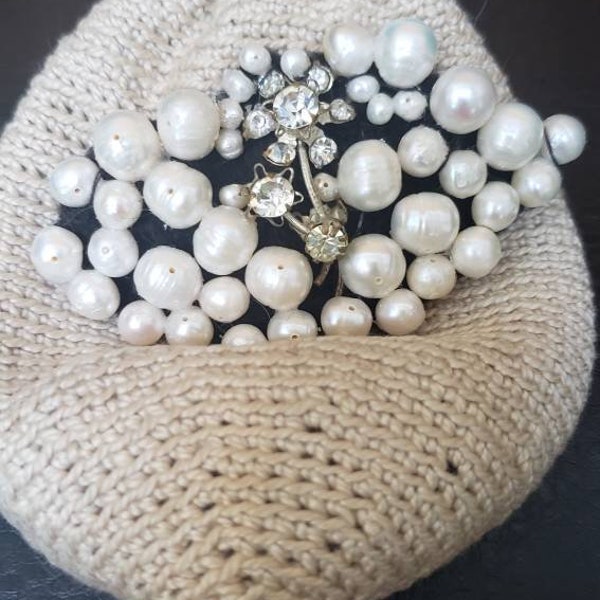 Upcycled Vintage Beige Handmade Crochet Pouch with real fresh water pearls and vintage Austrian floral crystal brooch and velvet ribbon