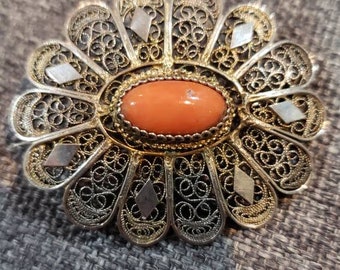 Antique 12k gold Filigree Cannetille and Coral Brooch circa 1930s