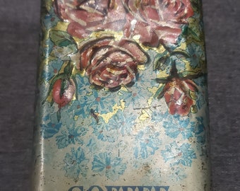 Antique Roses Coffee Tin Box with porcelain knob on lid