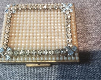 Vintage Collection - Weisner of Miami Gold Metal color faux pearls and rhinestones compact or pill box