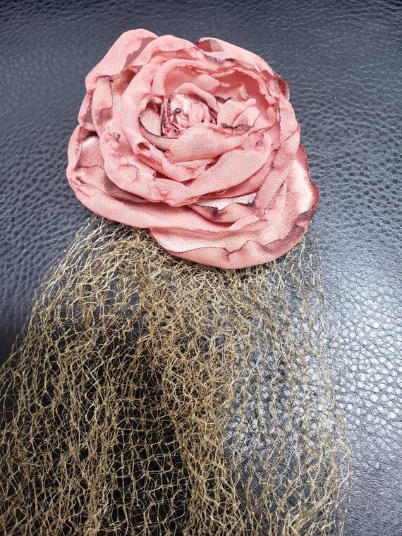 Vintage Green Birdcage Veil With Coral Tone Fabric Flower Hair Etsy