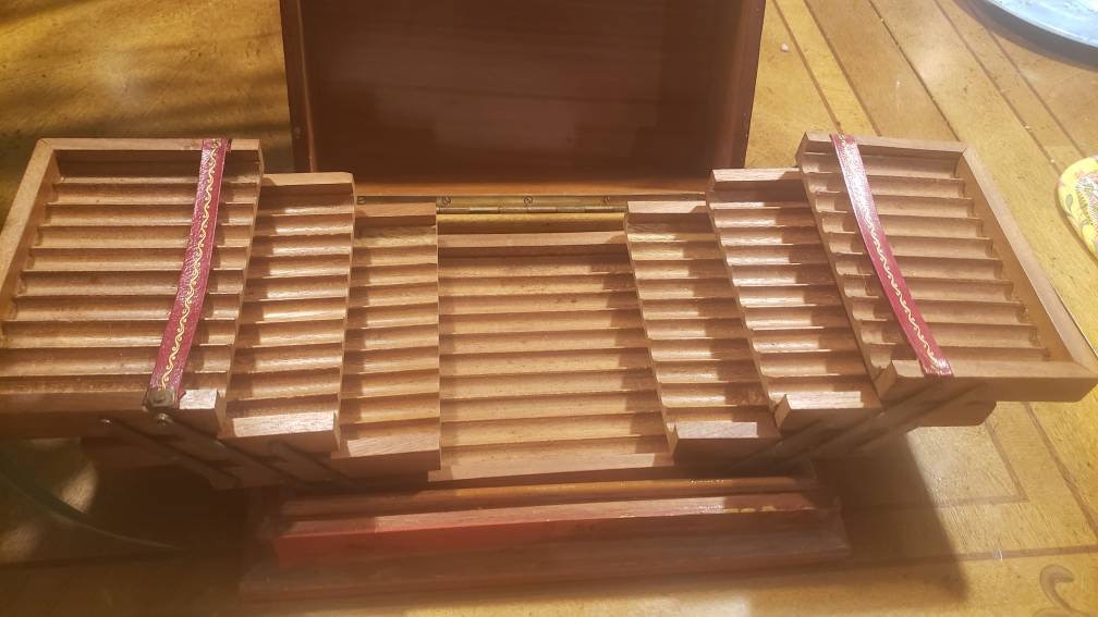 Antique Chinese Wood Printed Accordion Cigarette Box