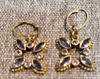 Vintage cross flower glass amethyst color and brass metal color dangle earrings