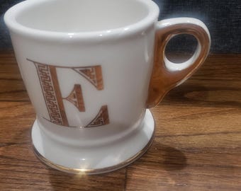 Vintage Anthropologie monogram coffee mug letter E white and gold