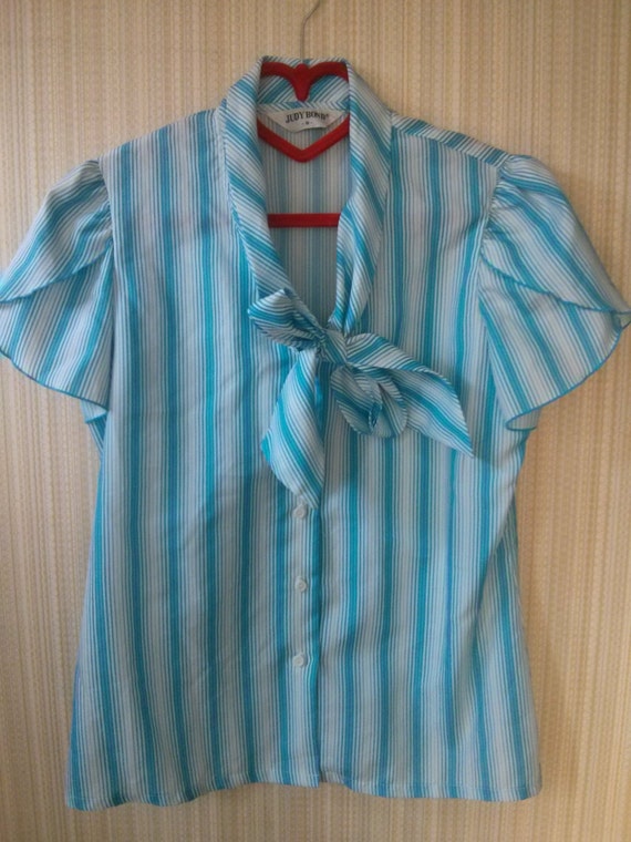 Vintage Mod White and Blue Sriped Blouse - image 1