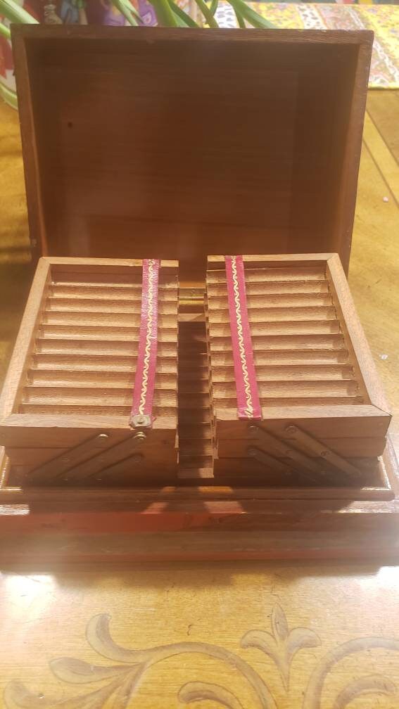 Antique Chinese Wood Printed Accordion Cigarette Box
